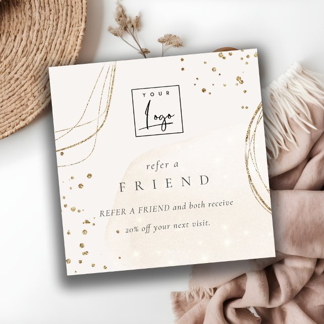 Abstract Glitter Ivory Gold Refer A Friend Logo Square Business Card (Creator Uploaded)
