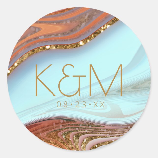 Abstract Glitter Strata Wedding Sky Blue ID903 Classic Round Sticker (Front)