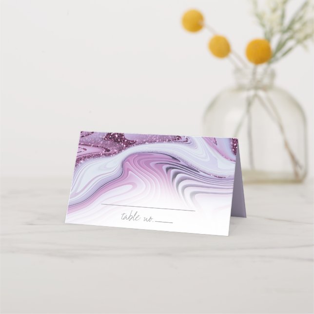 Abstract Glitter Strata Wedding Wht Lilac ID903 Place Card (Front)