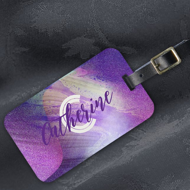 Abstract Glittering Neon Magenta Name & Initial  Luggage Tag (Creator Uploaded)