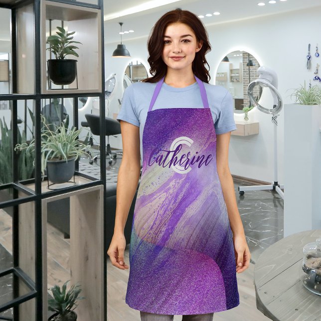 Abstract Glittering Neon Magenta Name & Monogram Apron (Creator Uploaded)