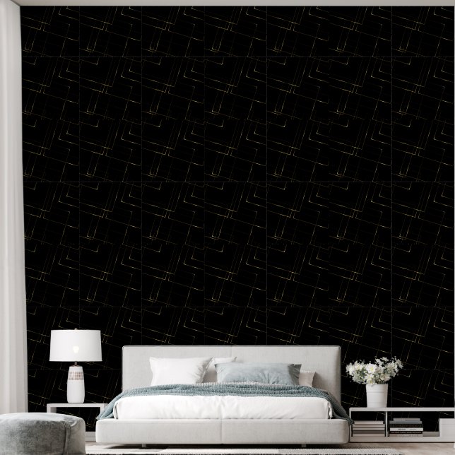 Abstract Gold and Black Square Pattern Wallpaper (Bedroom)