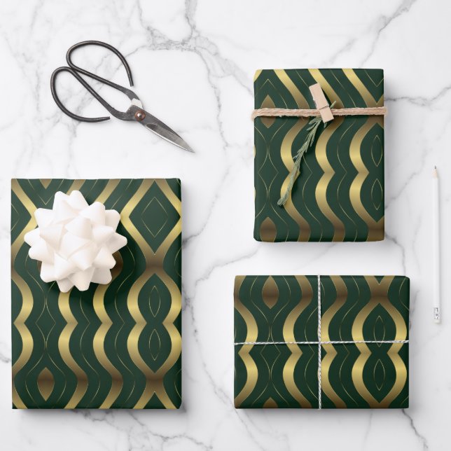 Abstract Gold And Emerald Green Wavy Stripes Wrapping Paper Sheet (Front)