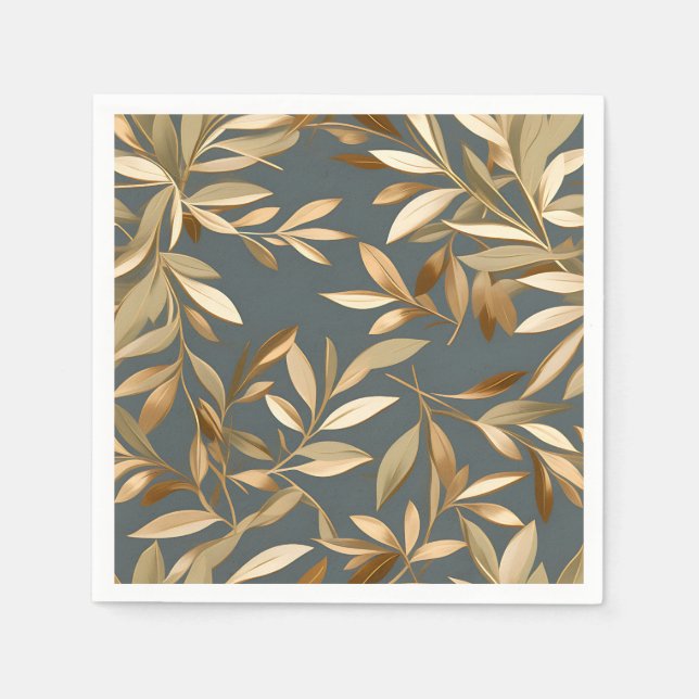 Abstract Gold and Olive Leaves Napkin (Front)
