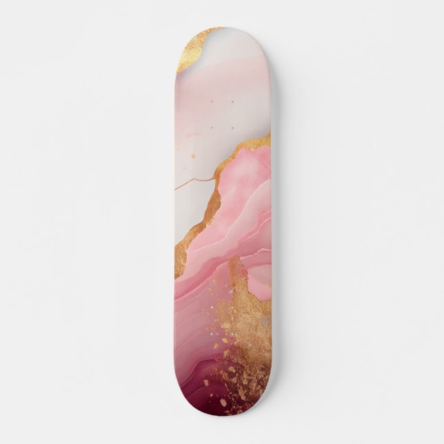 Abstract Gold and Pink Marble Watercolor Drips Skateboard (Front)