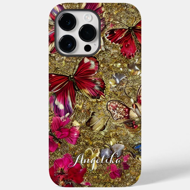 Abstract Gold and Red Flowers Butterflies Case-Mate iPhone Case (Back)