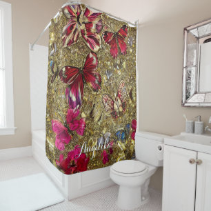 Abstract Gold and Red Flowers Butterflies Shower Curtain