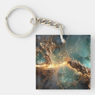 Abstract Gold and Teal Marbled Art Key Ring