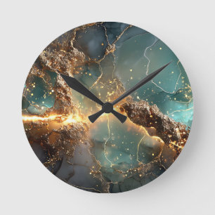 Abstract Gold and Teal Marbled Art Round Clock