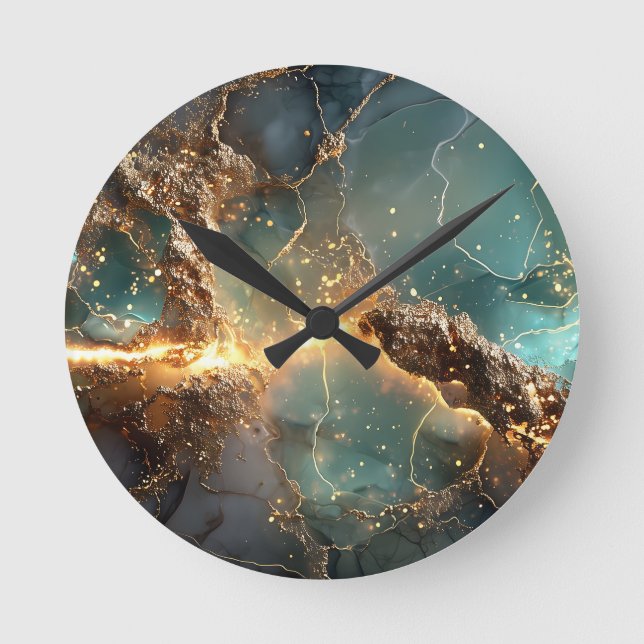 Abstract Gold and Teal Marbled Art Round Clock (Front)
