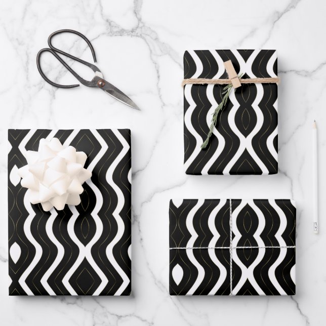 Abstract Gold Black And White Wavy Stripes Wrapping Paper Sheet (Front)