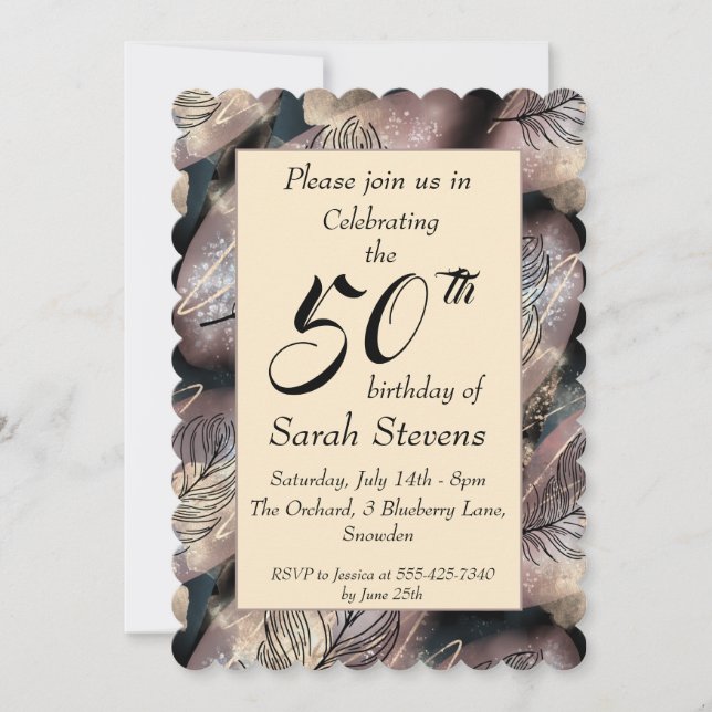 Abstract Gold & Black With Feathers 50th Birthday Invitation (Front)