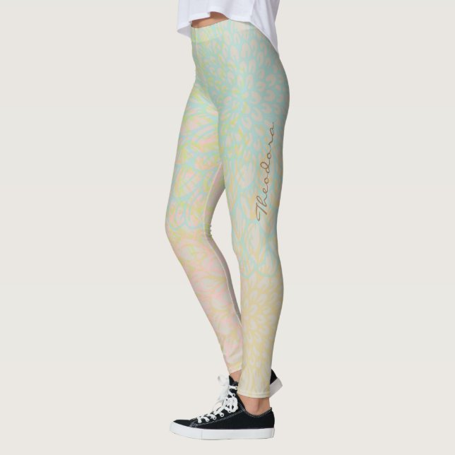 Abstract Gold Blue Floral Leggings (Left)