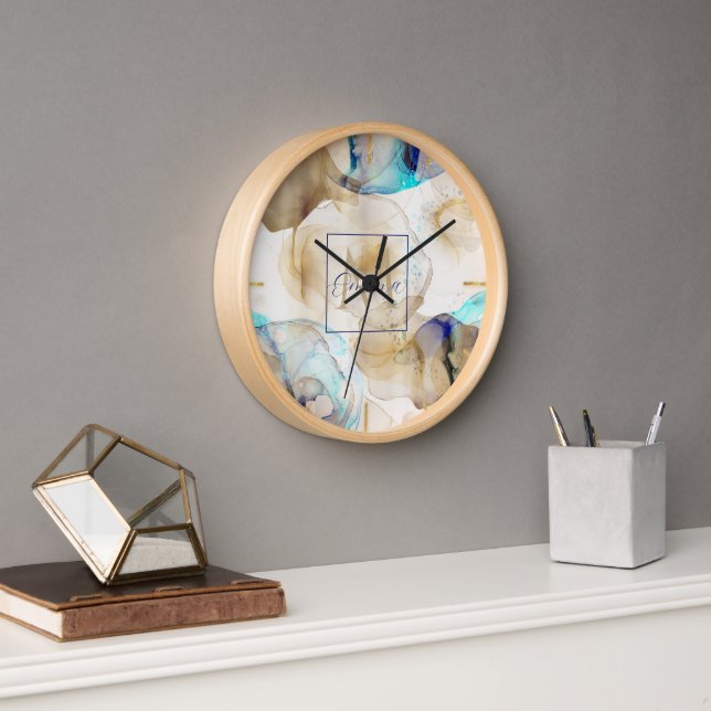 Abstract Gold Blue Fluid Art Painting Clock (Office)