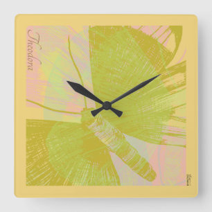 Abstract Gold Butterfly Pink Violet Pastel Square Wall Clock