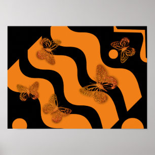 Abstract Gold Butterfly Waves Black Orange Poster