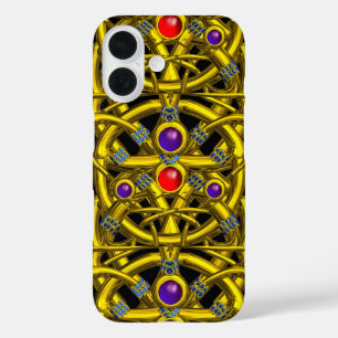 ABSTRACT GOLD CELTIC KNOTS WITH COLORFUL GEMSTONES iPhone 16 CASE