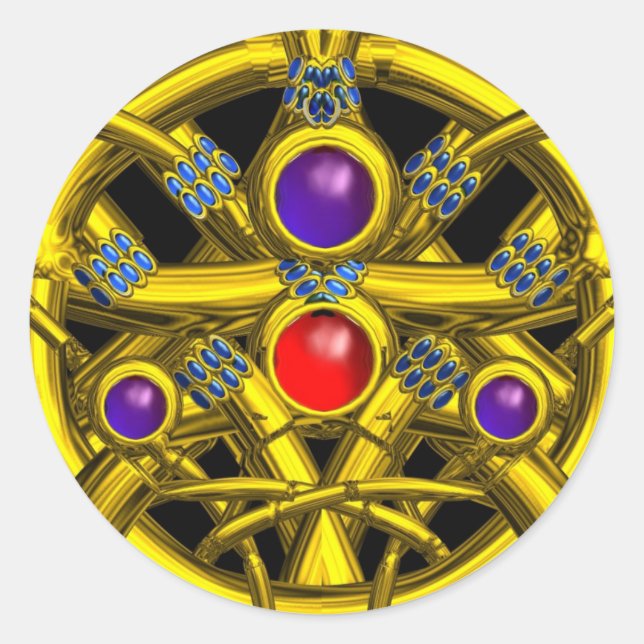 ABSTRACT GOLD CELTIC KNOTS WITH COLORFUL GEMSTONES CLASSIC ROUND STICKER (Front)