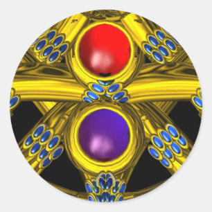 ABSTRACT GOLD CELTIC KNOTS WITH COLORFUL GEMSTONES CLASSIC ROUND STICKER