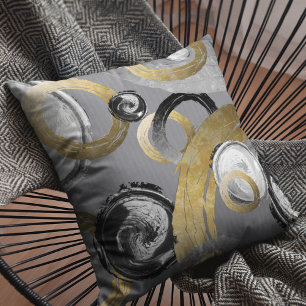 Abstract Gold Colour Ring Black White Swirl Cushion