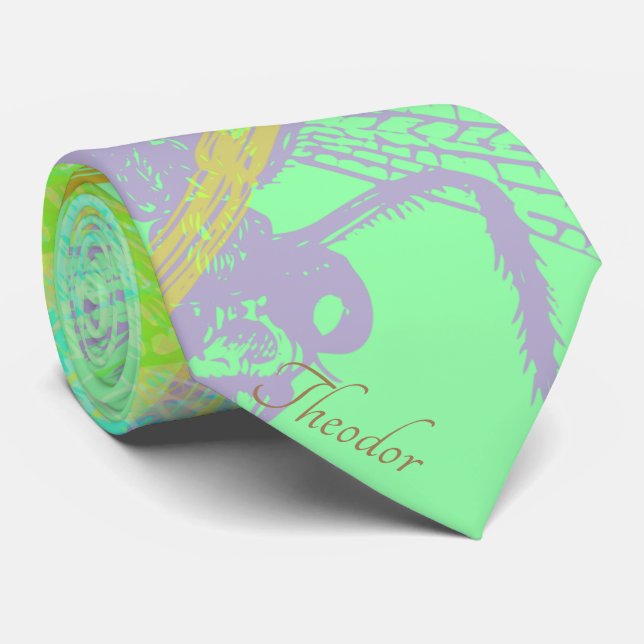Abstract Gold Dragonfly Blue Pastel Pattern Tie (Rolled)