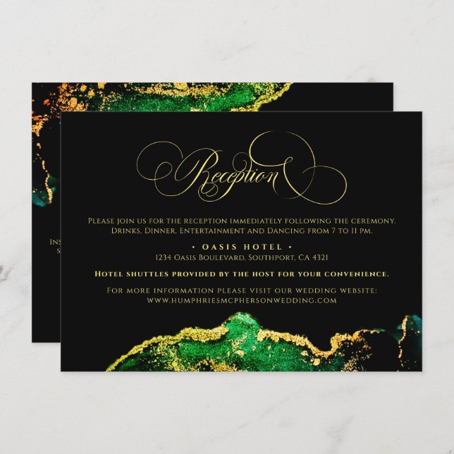 Abstract Gold Emerald Green Reception Directions  Enclosure Card (Front/Back)