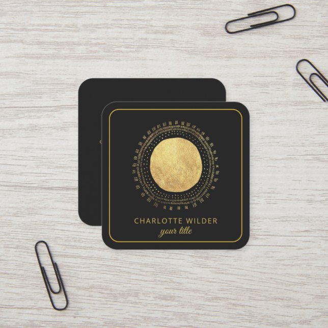 Abstract Gold Foil Circle Square Black Square Busi Square Business Card (Front/Back In Situ)