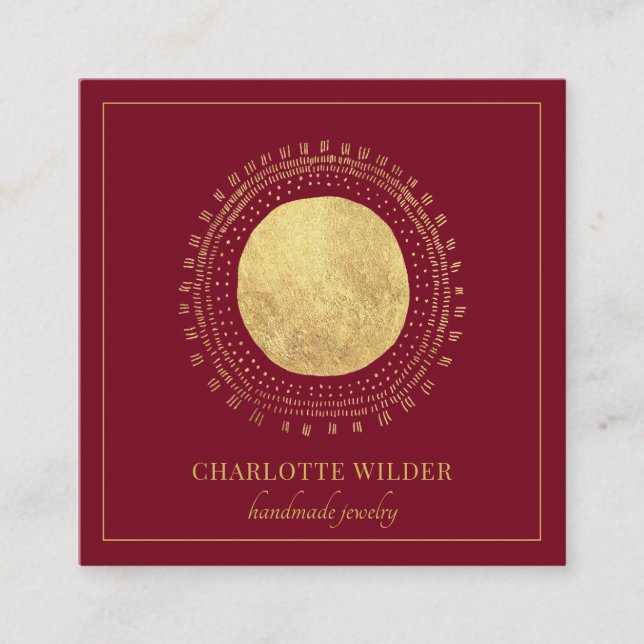 Abstract Gold Foil Circle Square Red Business Card (Front)
