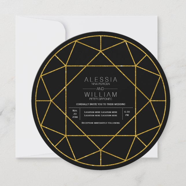 Abstract gold glitter diamond jewel black wedding invitation (Front)