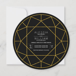 Abstract gold glitter diamond jewel black wedding invitation