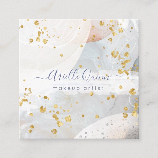 Abstract Gold Glitter Watercolor Makeup Artist Square Business Card (Front)