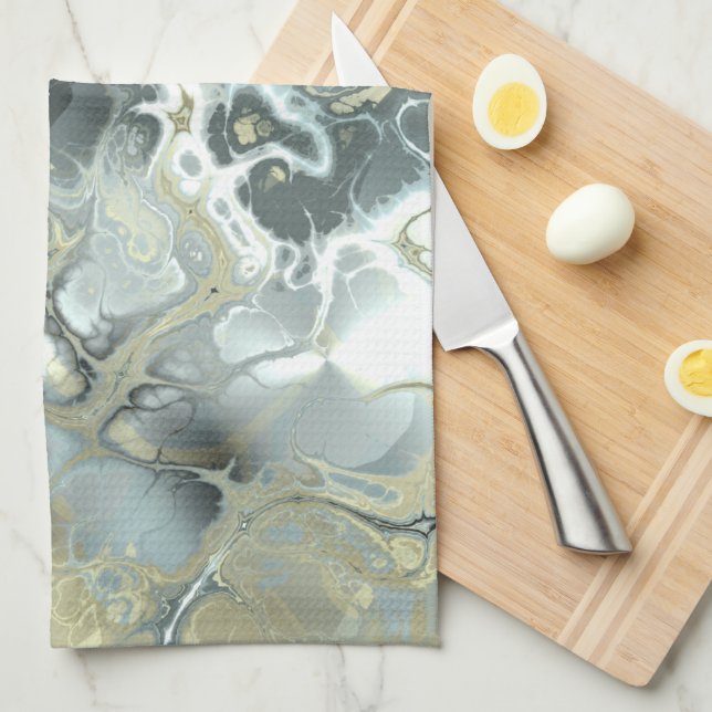 Abstract Gold & Grey Marble Stone Fluid Texture Tea Towel (Quarter Fold)