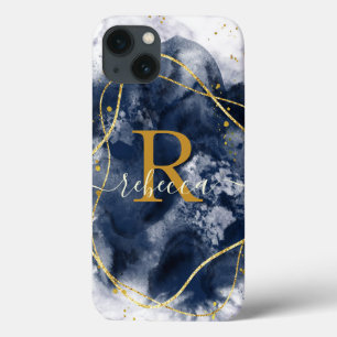 Abstract Gold Grey Monogram Custom Name Script iPhone 13 Case