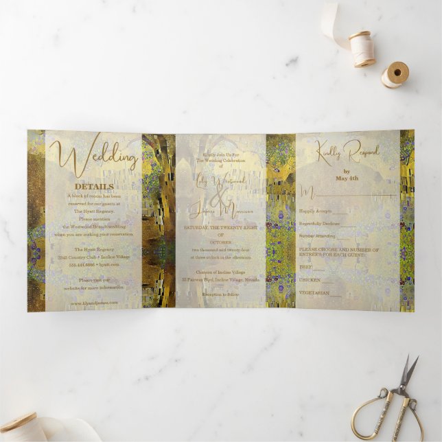 Abstract Gold Leaf Wedding Tri-Fold Invitation (Inside)