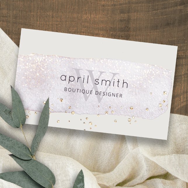 Abstract Gold Lilac Brush Stoke Monogram Glitter Business Card (Creator Uploaded)