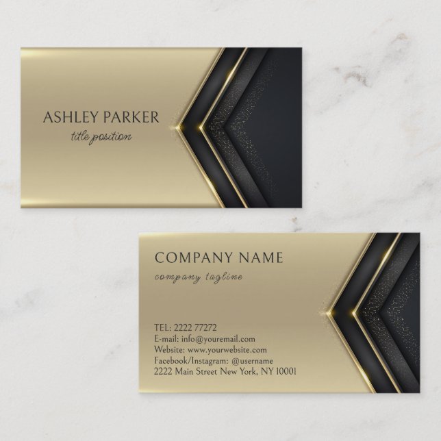 Abstract Gold Line Arrow on Black Business Card (Front/Back)