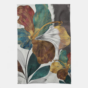 Abstract Gold Line Floral Art with Bold Petals Tea Towel