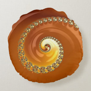 Abstract Gold Orange Gradient Spiral Fractal Round Cushion