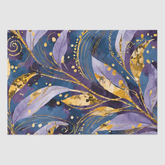 Abstract Gold Purple and Blue Leaves Decoupage Tissue Paper (Front)