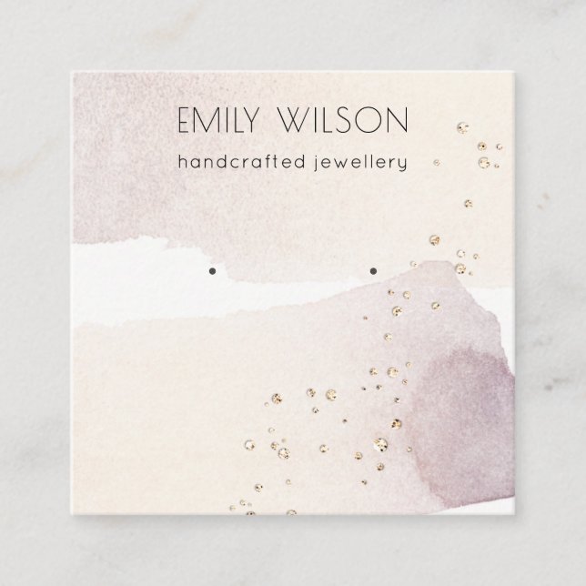 Abstract Gold Purple Watercolor Earring Display Square Business Card (Front)