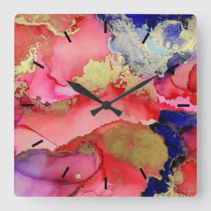 Abstract Gold Red Blue Square Wall Clock