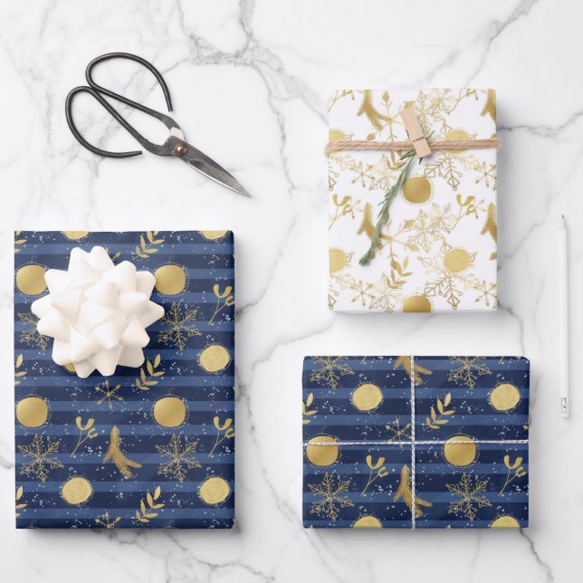 Abstract Gold Snowflake Holiday Bulbs Blue Wrapping Paper Sheet (Front)