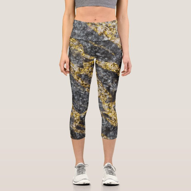 Abstract gold sparkles rocky texture capri leggings (Front)
