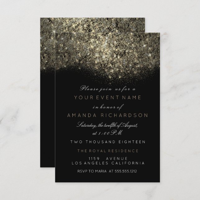 Abstract Gold Sparkly Glitter Black White Event Invitation (Front/Back)