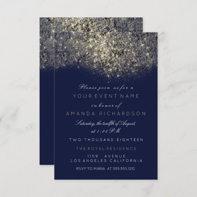Abstract Gold Sparkly Glitter Blue Navy Glam Event Invitation (Front/Back)