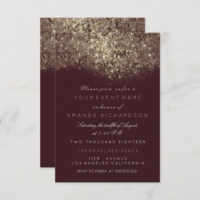 Abstract Gold Sparkly Glitter Burgundy Typography Invitation (Front/Back)
