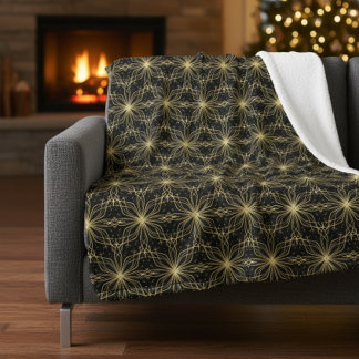 Abstract Gold Starburst Geometric Pattern Black Sherpa Blanket