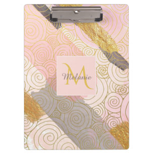 Abstract Gold Stripes and Pink Swirls Personalised Clipboard