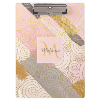 Abstract Gold Stripes and Pink Swirls Personalised Clipboard