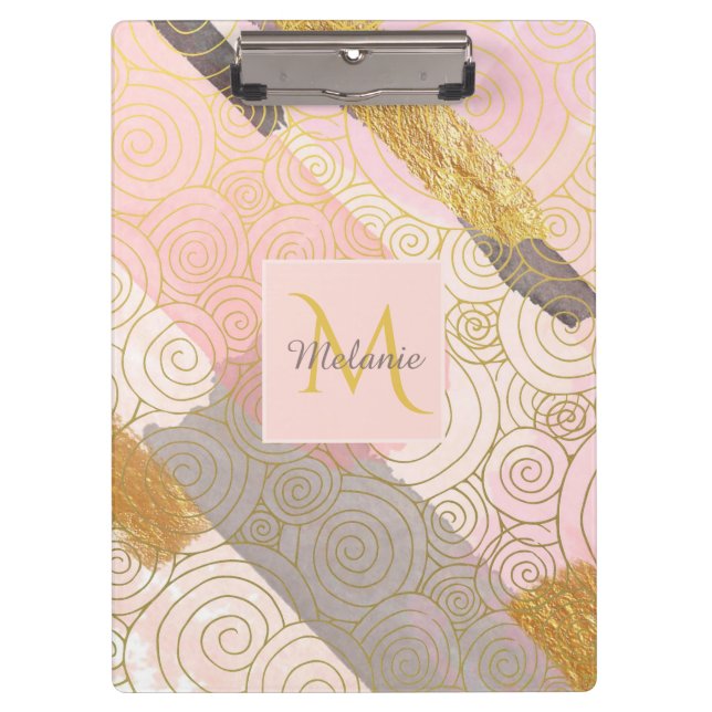 Abstract Gold Stripes and Pink Swirls Personalised Clipboard (Front)